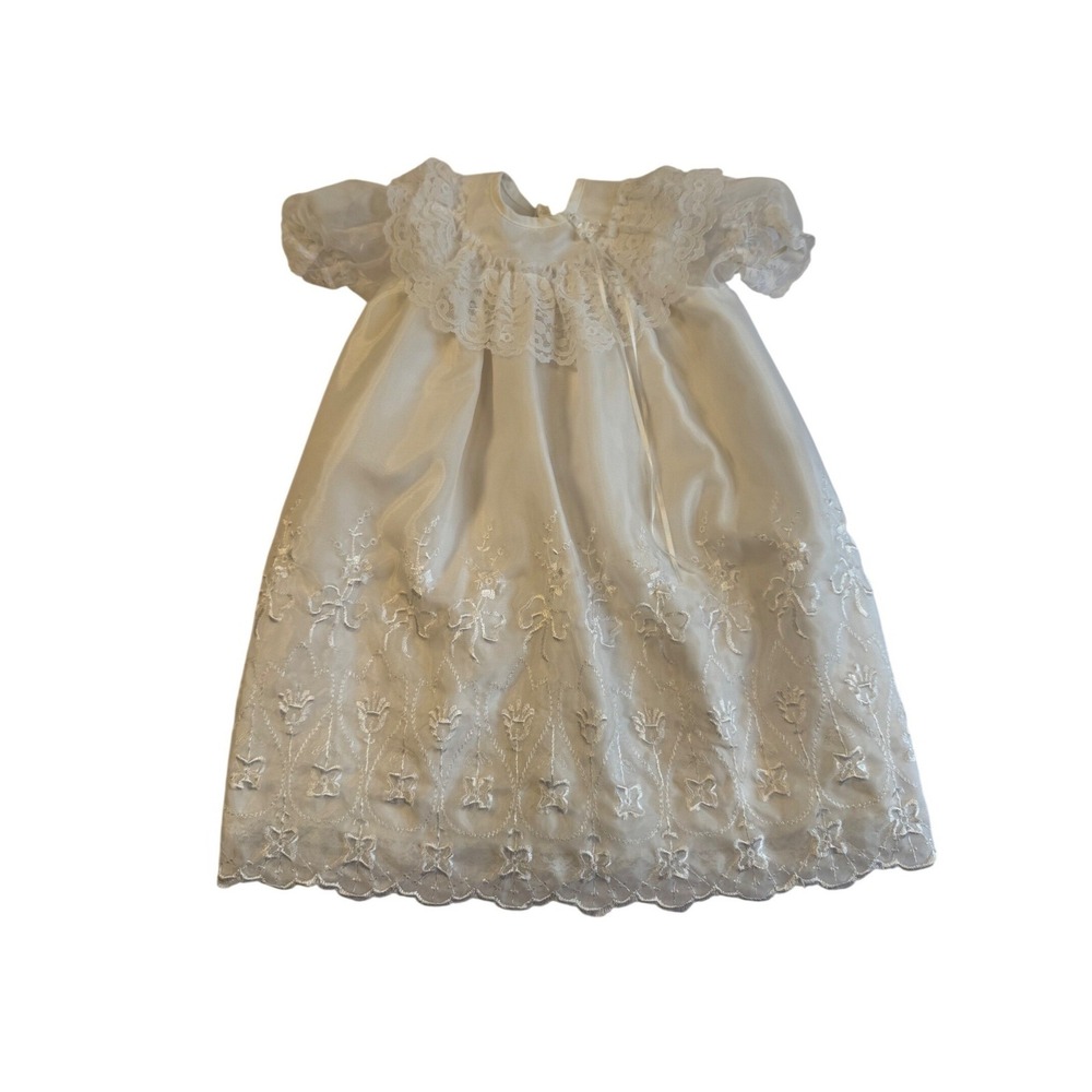 Vintage Christening Gown Baby Girls 0-6M‎ White Lace Embroidered Baptism Dress